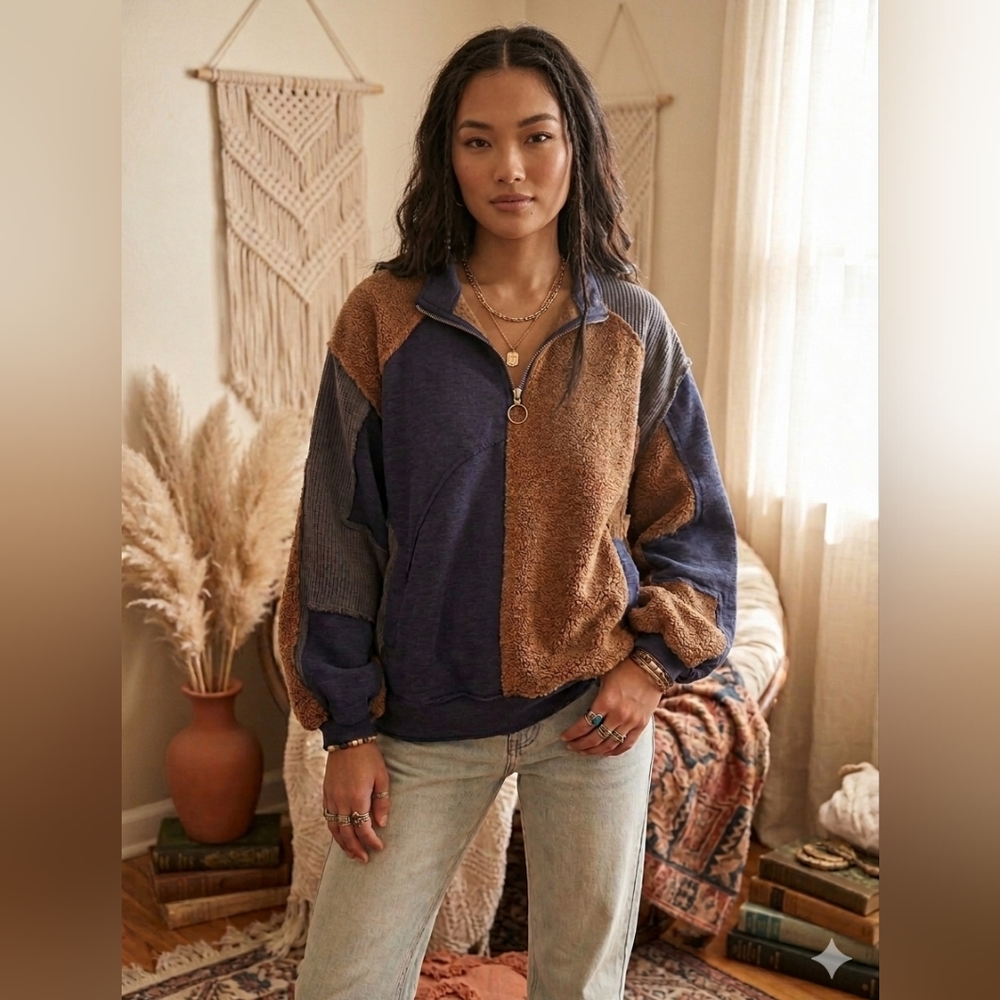 POL Color Block HalfZip Sweatshirt L Oversized Dropped Shoulder Sherpa Boho Cozy